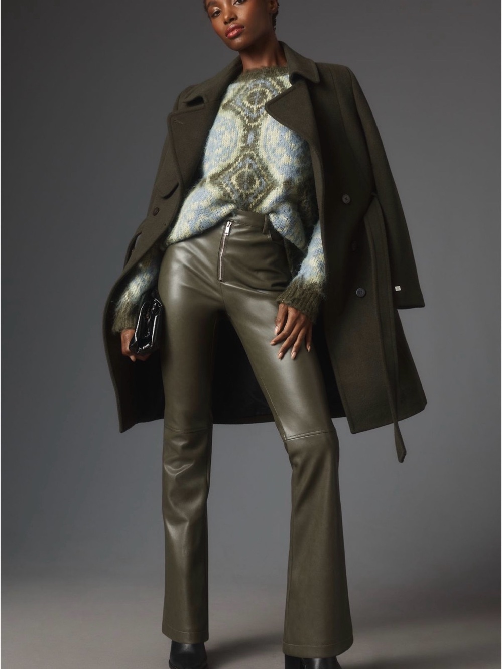 Avec Les Filles Olive Green Faux Leather Flare Pants